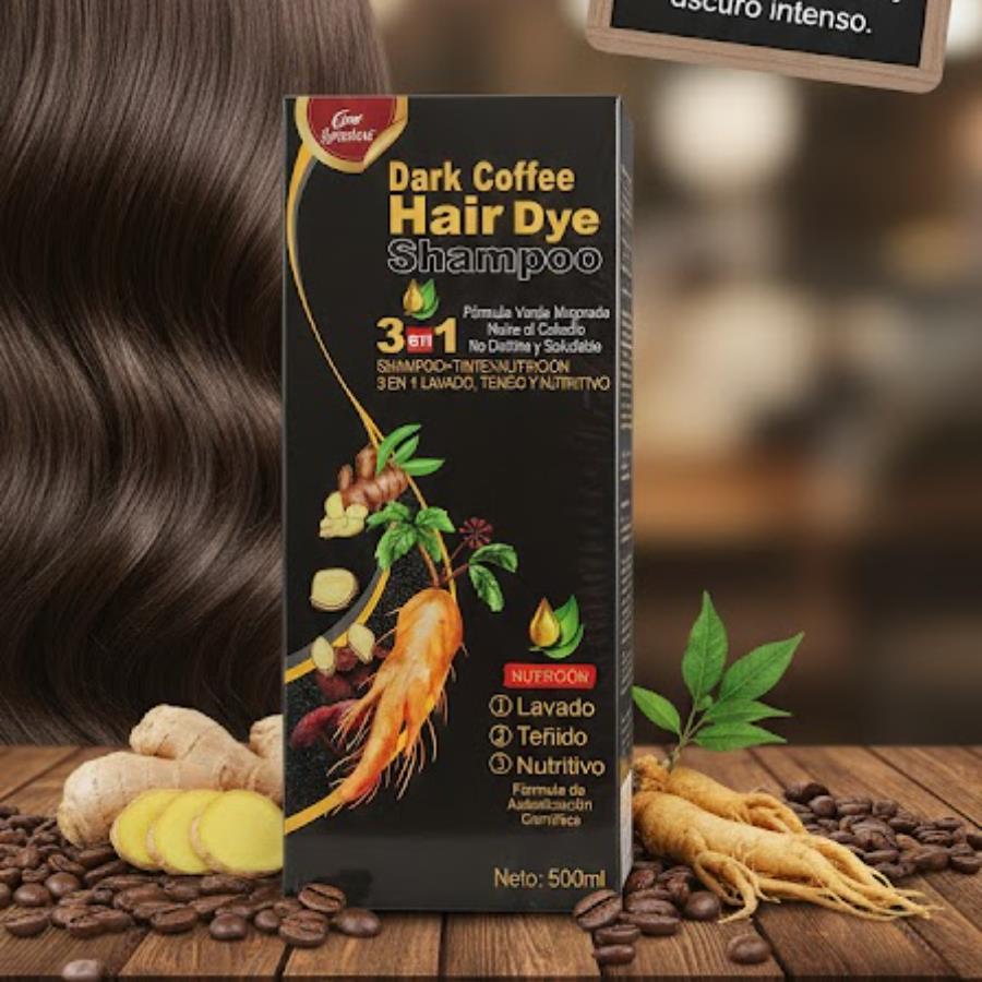 Dark Coffee Hair Dye Shampoo 3 en 1 – Shampoo Tinte Nutritivo Café Oscuro (500 ml)